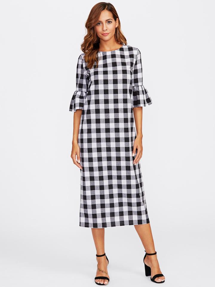 Shein Bell Sleeve Buttoned Keyhole Back Gingham Dress