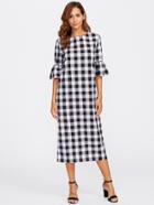 Shein Bell Sleeve Buttoned Keyhole Back Gingham Dress