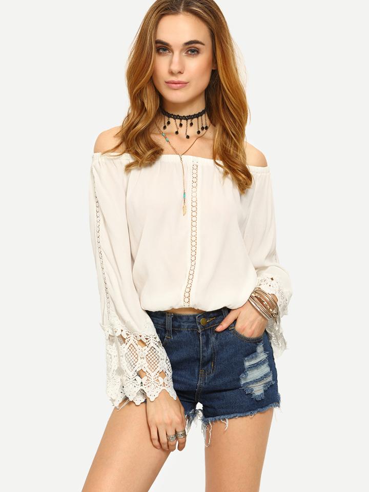 Shein Lace Insert Off-the-shoulder Blouse - White