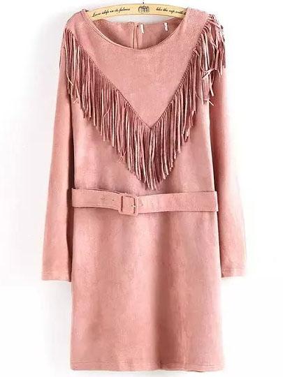 Shein Pink Round Neck Tassel Belt Dress