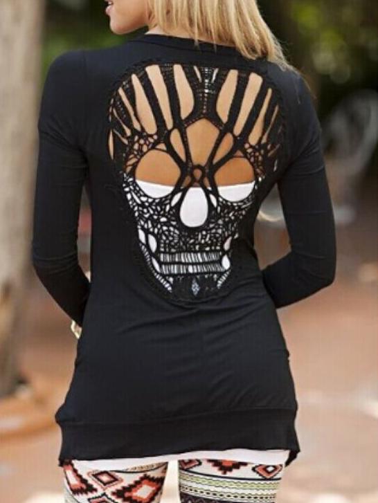 Shein Black Long Sleeve Hollow Skull Pattern Coat