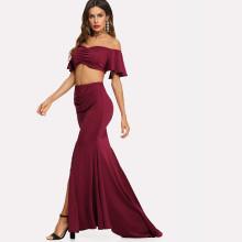 Shein Drawstring Front Crop Top & Ruched Slit Skirt Set