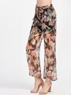 Shein Floral Print Sheer Mesh Overlay Wide Leg Pants With Belt