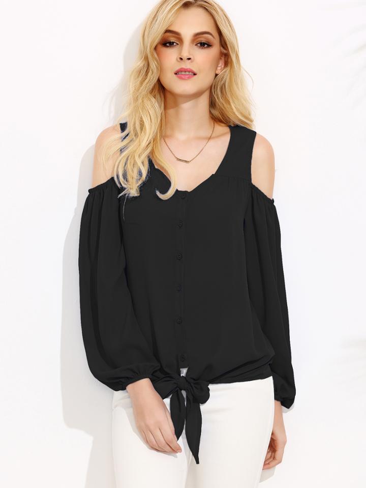 Shein Black Open Shoulder Lantern Sleeve Tie Front Blouse