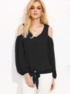 Shein Black Open Shoulder Lantern Sleeve Tie Front Blouse