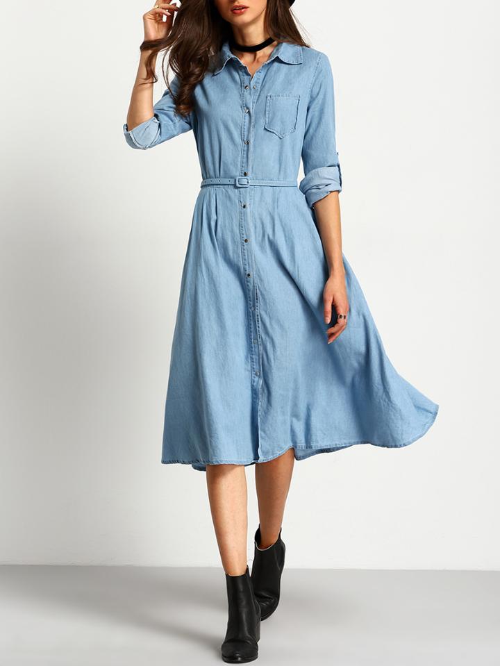 Shein Light Blue Single-breasted Denim Midi Dress