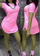Rosewe Round Neck Asymmetric Neon Pink Dress