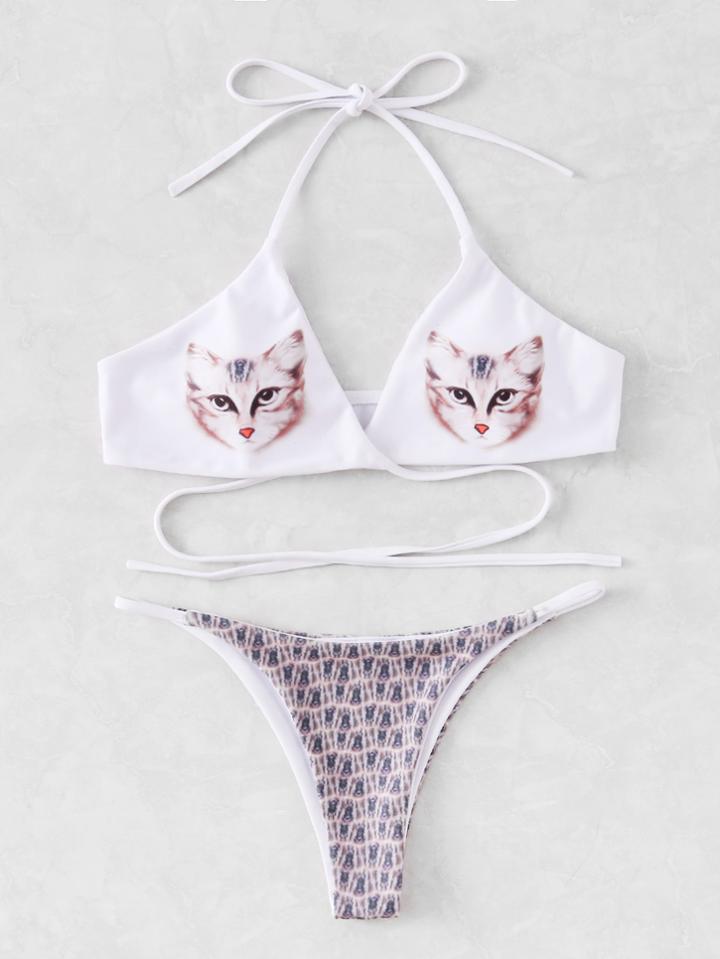 Shein Cat Print Wrap Bikini Set