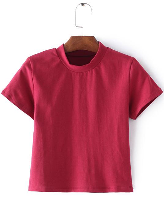 Shein Red Mock Neck Short Sleeve Casual T-shirt