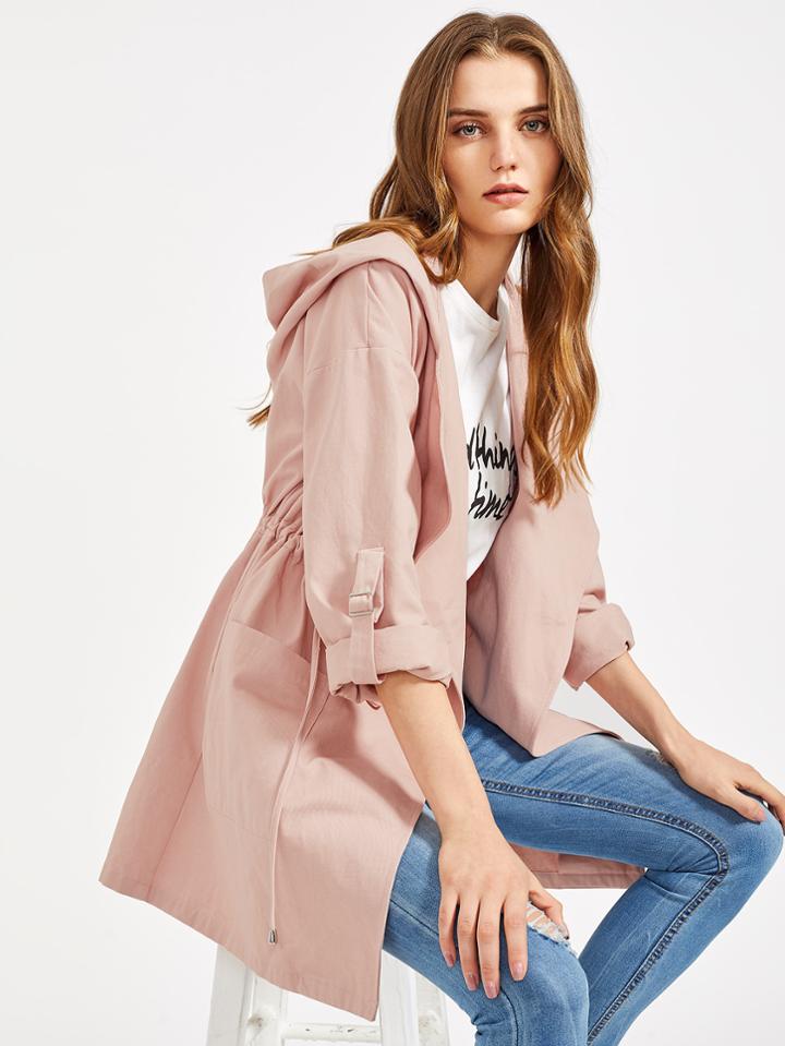 Shein Drawstring Waist Roll-up Sleeve Hooded Coat