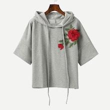 Shein Embroidered Applique Drop Shoulder Hooded Tee