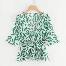 Shein Leaf Print Self Tie Waist Top