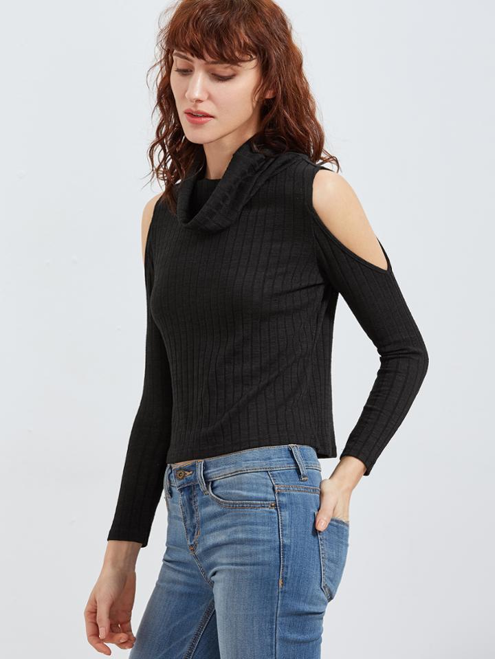 Shein Cowl Neck Open Shoulder Ribbed Knit T-shirt