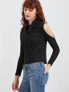Shein Cowl Neck Open Shoulder Ribbed Knit T-shirt