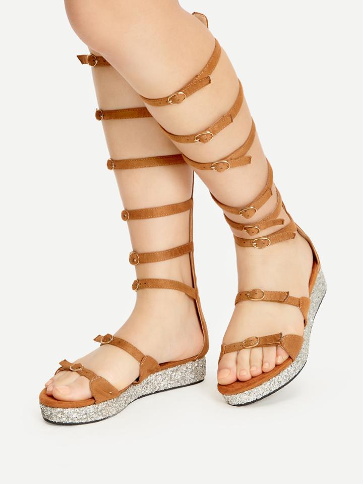 Shein Khaki Buckle Strap Gladiator Sandals