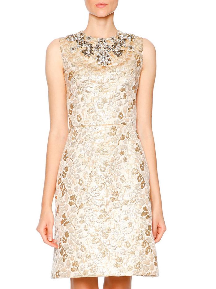 Shein Apricot Round Neck Sleeveless Print Sequined Beading Dress