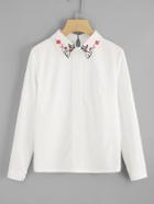 Shein Cat Embroidered Collar Pleated Front Blouse