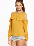 Shein Yellow Cold Shoulder Ruffle Trim Buttoned Cuff Crinkle Top