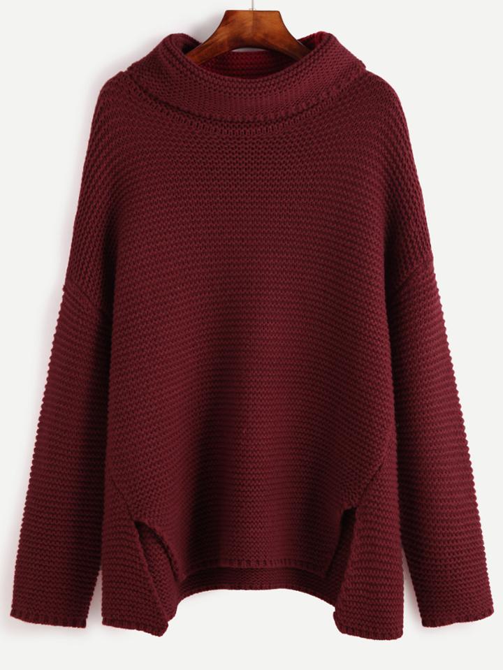 Shein Red Turtleneck Drop Shoulder Slit Front Sweater
