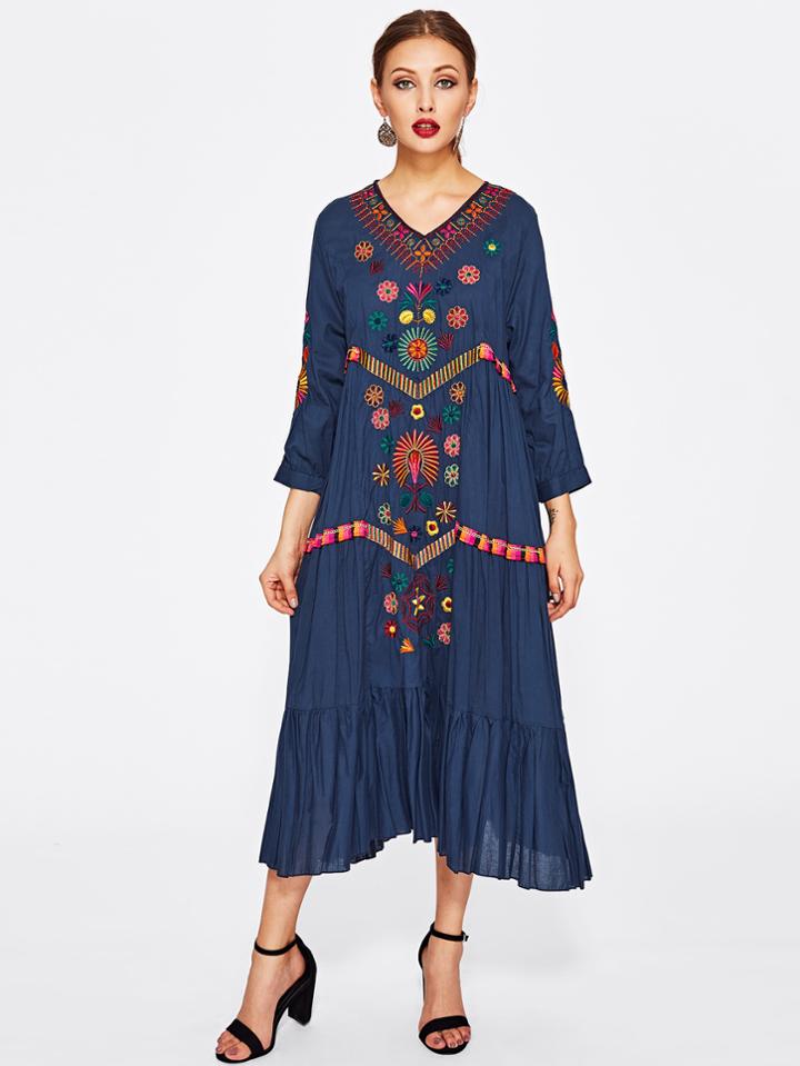 Shein Flower Embroidered Frill Hem Dress