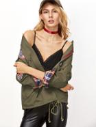 Shein Army Green Embroidery Patch Plaid Lining Drawstring Jacket