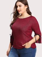 Shein Bow Detail Slit Cuff Glitter Ribbed Tee