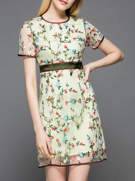 Shein Green Gauze Embroidered Sheath Dress