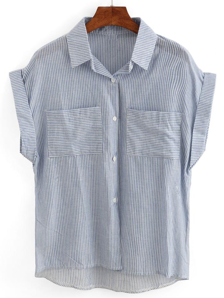 Shein Mixed Striped Dual Pocket Cap Sleeve Blouse
