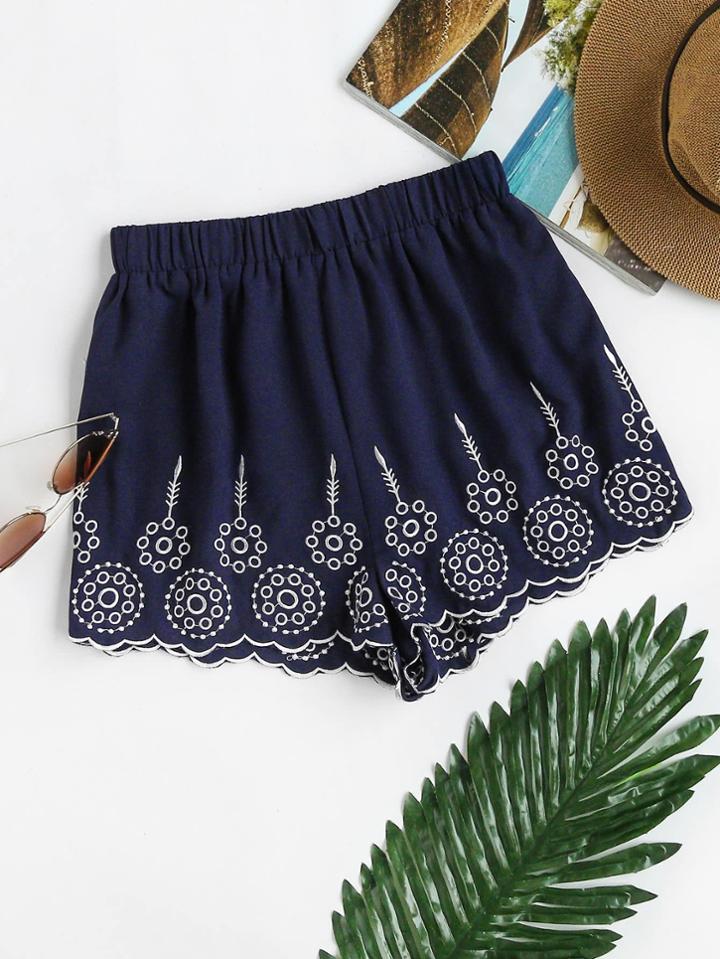 Shein Elastic Waist Geo Embroidered Scallop Hem Shorts