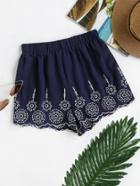 Shein Elastic Waist Geo Embroidered Scallop Hem Shorts