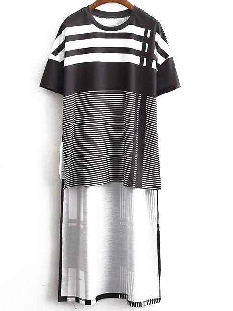 Shein Black White Crew Neck Striped High Low Dress