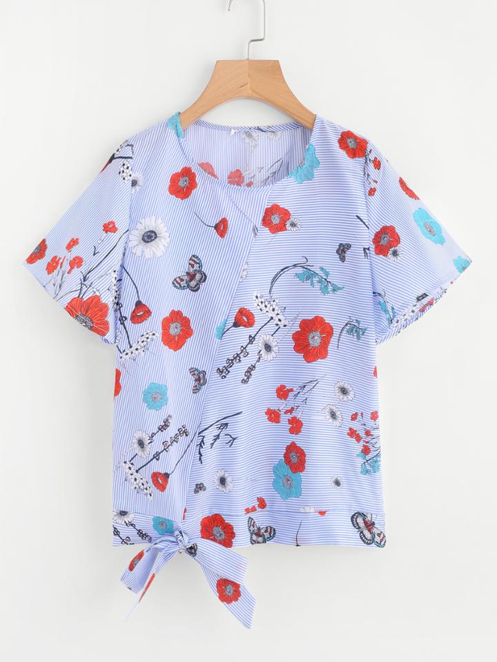 Shein Flower Print Pinstripe Lace Up Detail Top