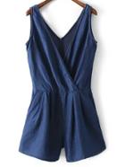 Shein Blue Cross V Neck Front Zipper Back Denim Romper