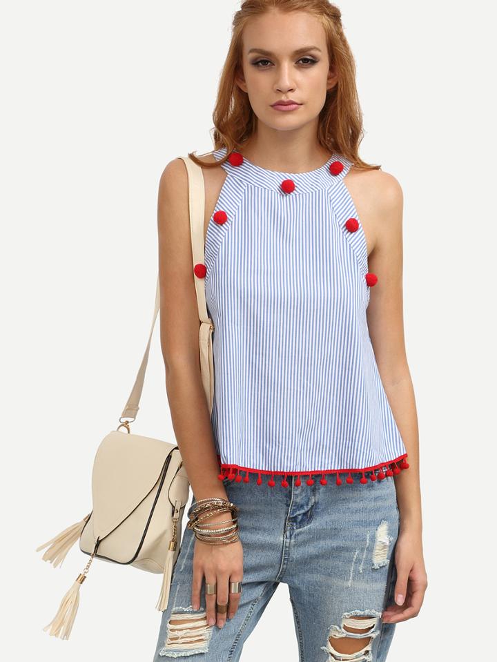Shein Mixed Stripe Pompom Pattern Cutaway Tank Top