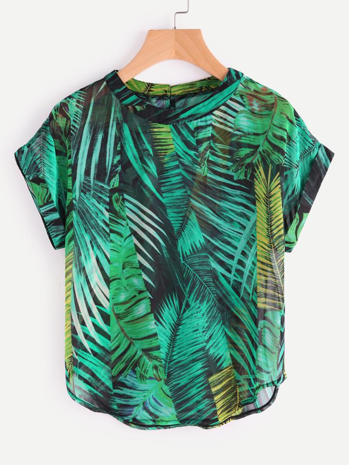 Shein Palm Leaf Print Buttoned Keyhole Back Chiffon Blouse
