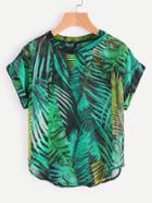 Shein Palm Leaf Print Buttoned Keyhole Back Chiffon Blouse