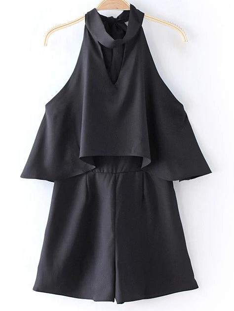 Shein Black Zipper Back Halter Bow Backless Romper