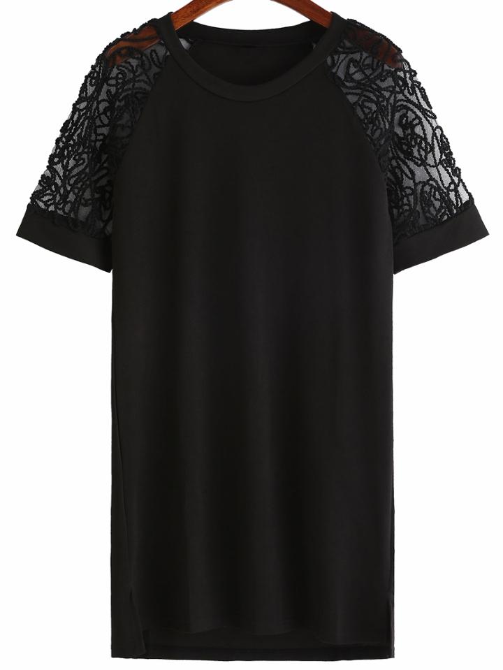 Shein Black Applique Raglan Sleeve Shift Dress