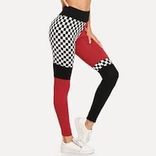 Shein Wide Waistband Cut And Sew Plaid Leggings