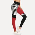Shein Wide Waistband Cut And Sew Plaid Leggings