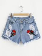 Shein Embroidered Applique Frayed Hem Denim Shorts