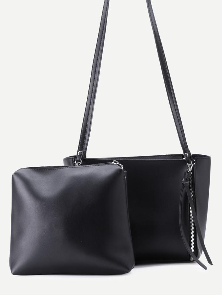 Shein Black Pu Zip Closure Shoulder Bag With Clutch