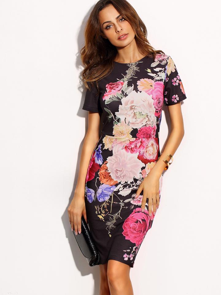 Shein Floral Print Round Neck Short Sleeve Sheath Dress