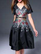 Shein Black V Neck Belted Floral A-line Dress