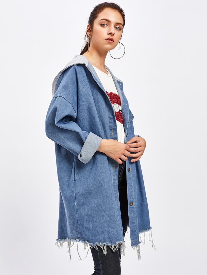 Shein Drop Shoulder Frayed Contrast Hooded Denim Jacket