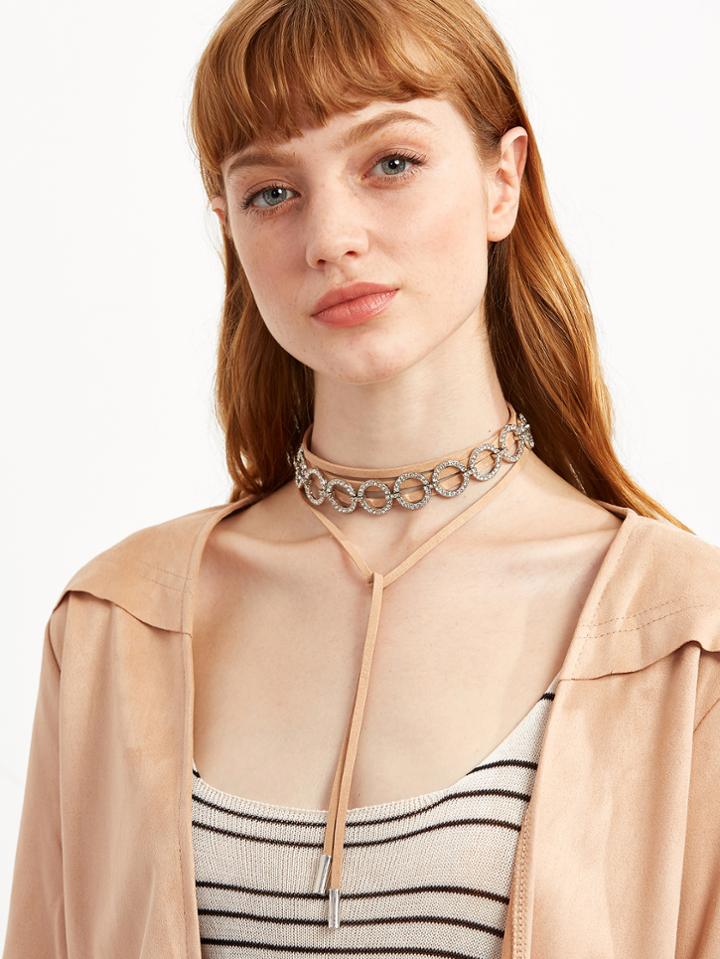 Shein Pink Layered Circle Rhinestone Wrap Choker Necklace