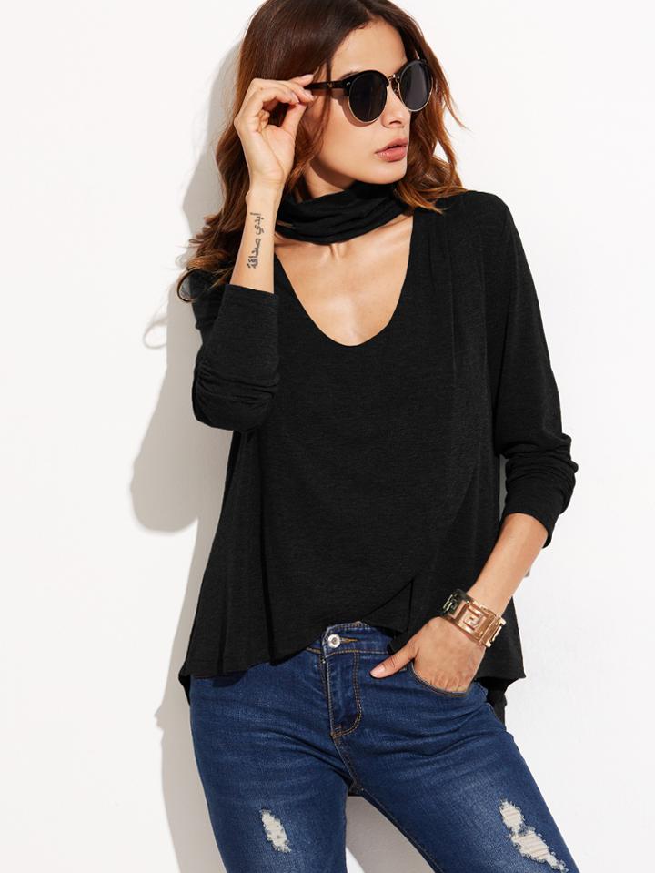 Shein Choker V-neck Wrap T-shirt With Dip Hem