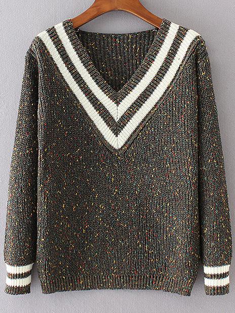Shein Army Green Striped V Neck Sweater