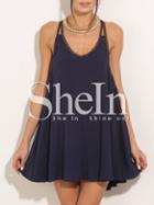 Shein Dark Blue Lace Splicing Spaghetti Strap Swing Dress
