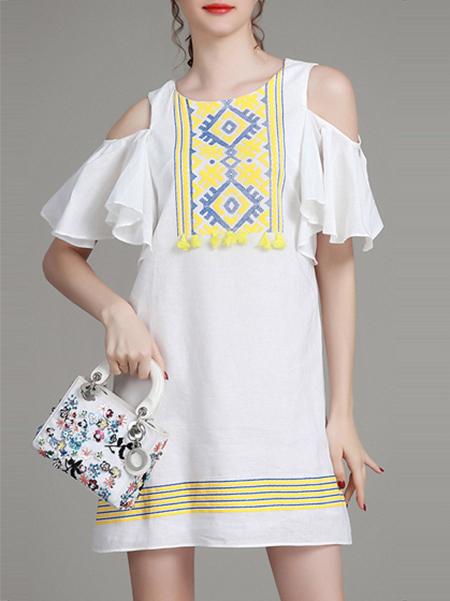 Shein White Open The Shoulder Embroidered Ruffle Dress